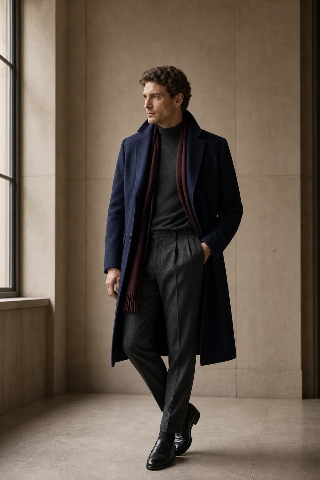 Luxury menswear cover with navy wool coat, scarf and tailored trousers