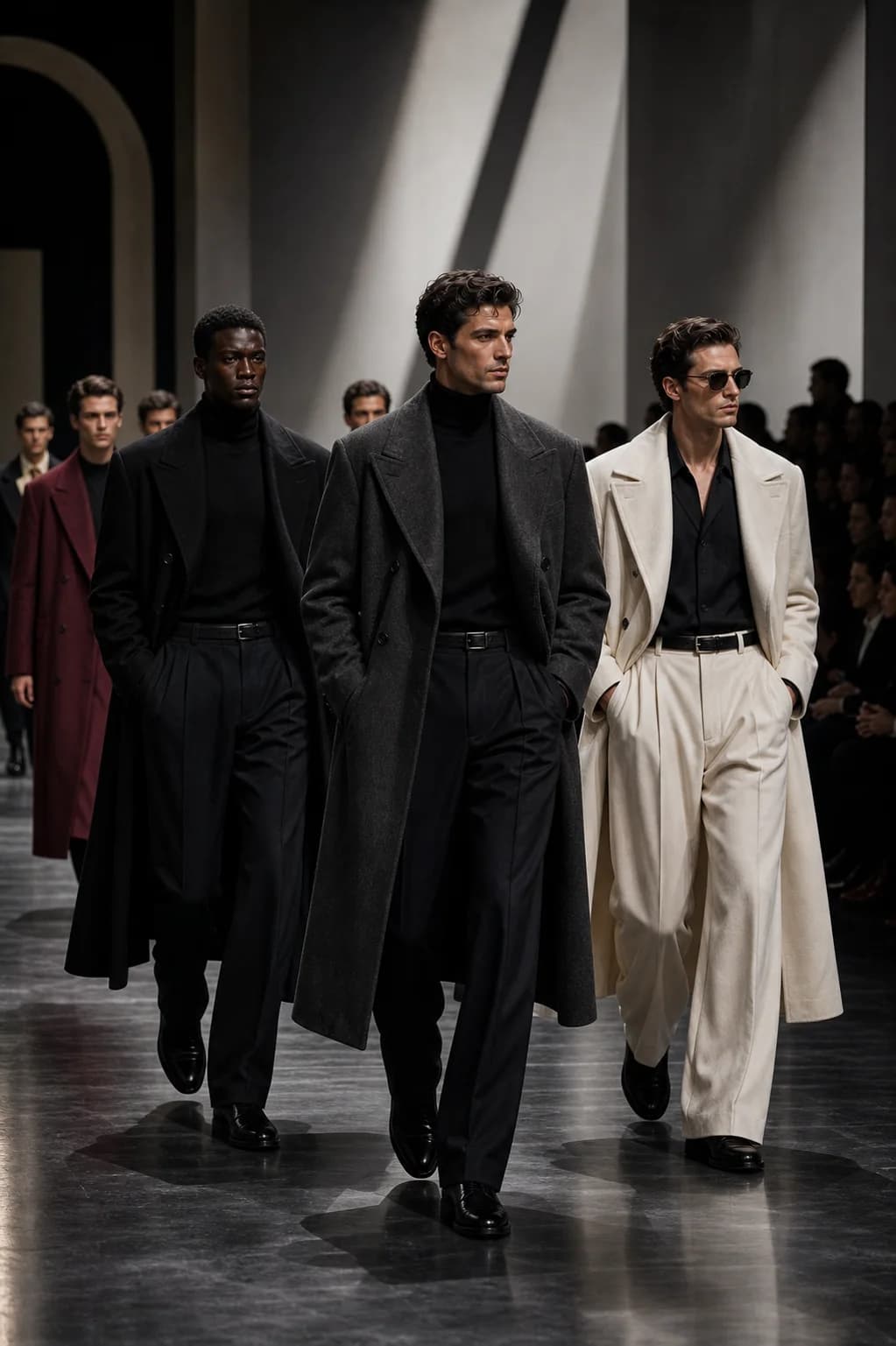 Male luxury runway report cover with oversized coats and fluid tailoring