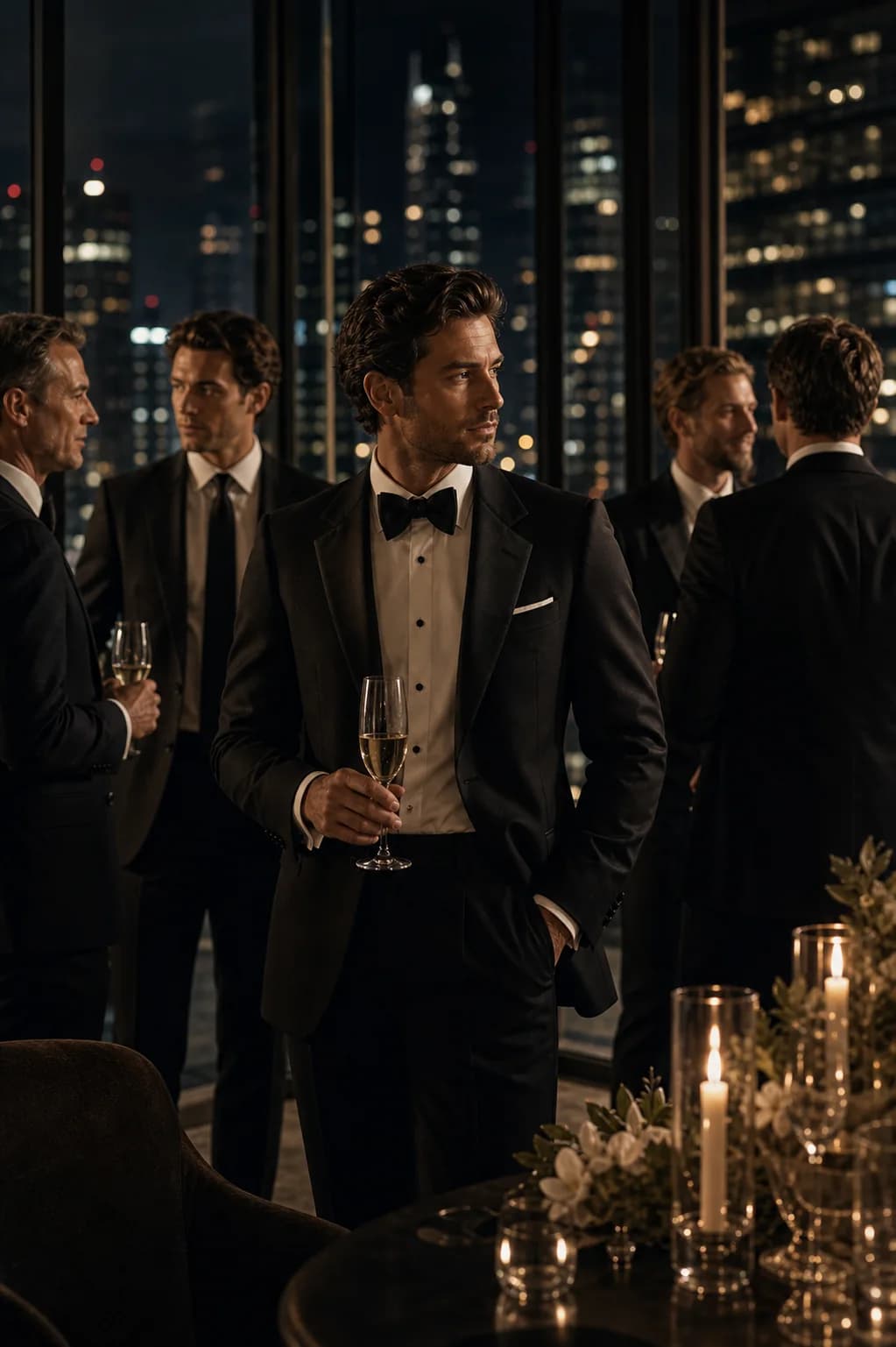 Male luxury evening society cover with black tie tailoring in a glass salon at night